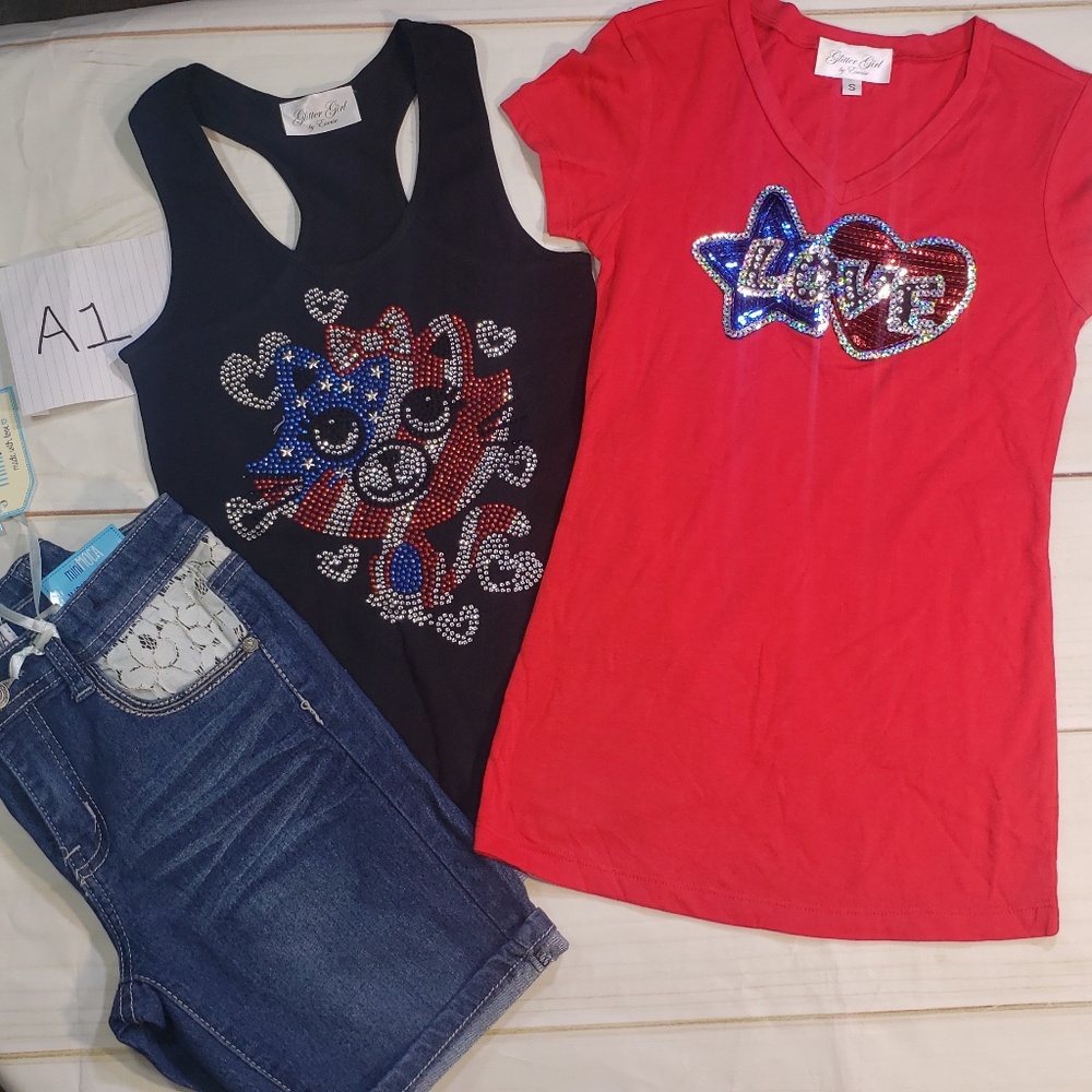 Sleeveless Cat Tank, Love V Neck, and Lace short